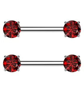 Prong Red CZ Threadless Titanium Nipple Barbells