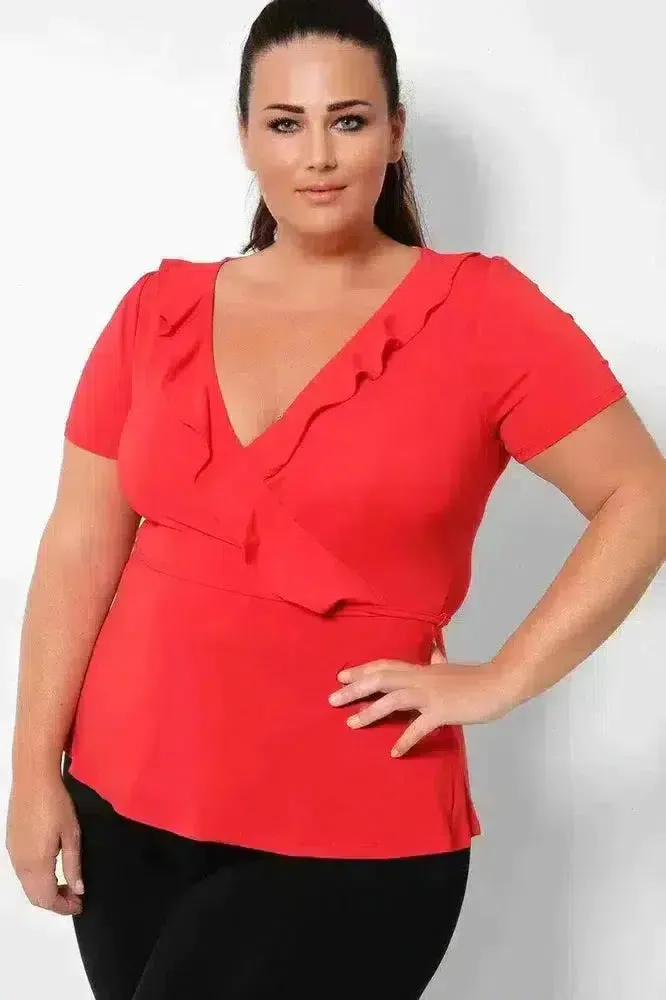 Red Frilled Deep Plunge Slinky Top