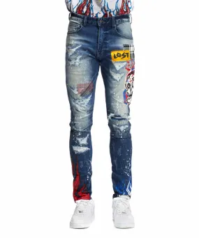 Skull & Flame Graphic Denim -Pebble Blue