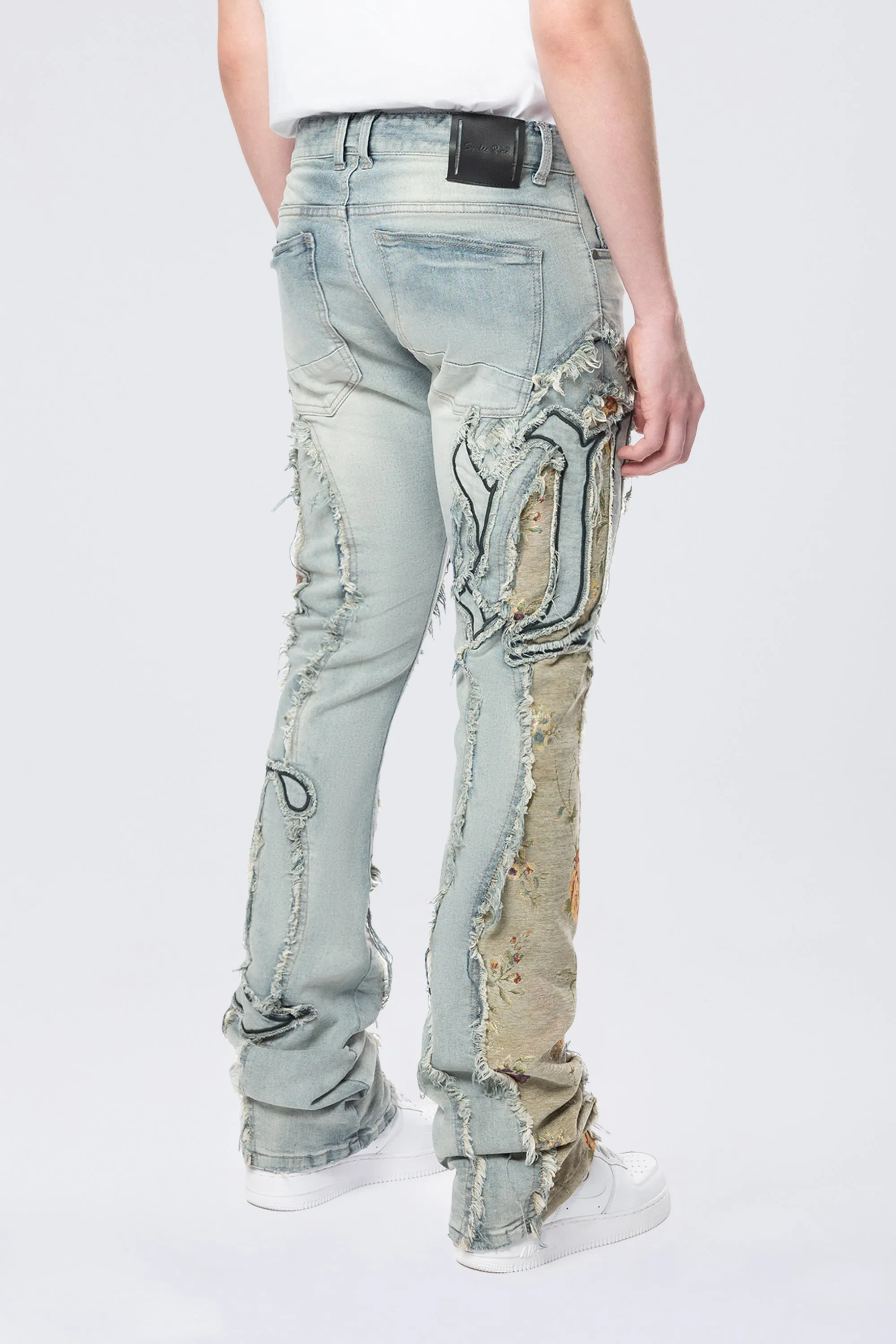 Stacked Pinched Flared Tapestry Paneled Jeans - Vanilla Blue