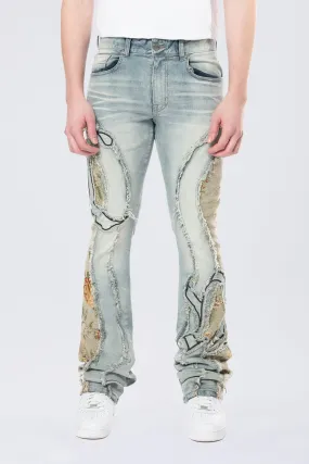 Stacked Pinched Flared Tapestry Paneled Jeans - Vanilla Blue