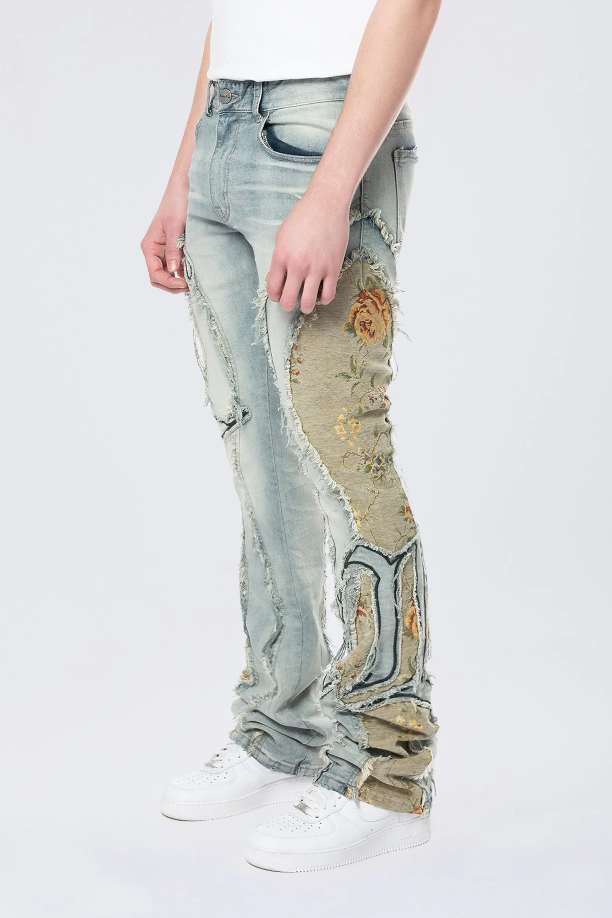 Stacked Pinched Flared Tapestry Paneled Jeans - Vanilla Blue