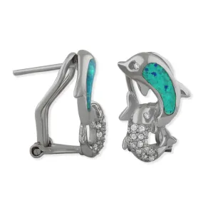 Sterling Silver Synthetic Blue Opal Dolphin Earrings