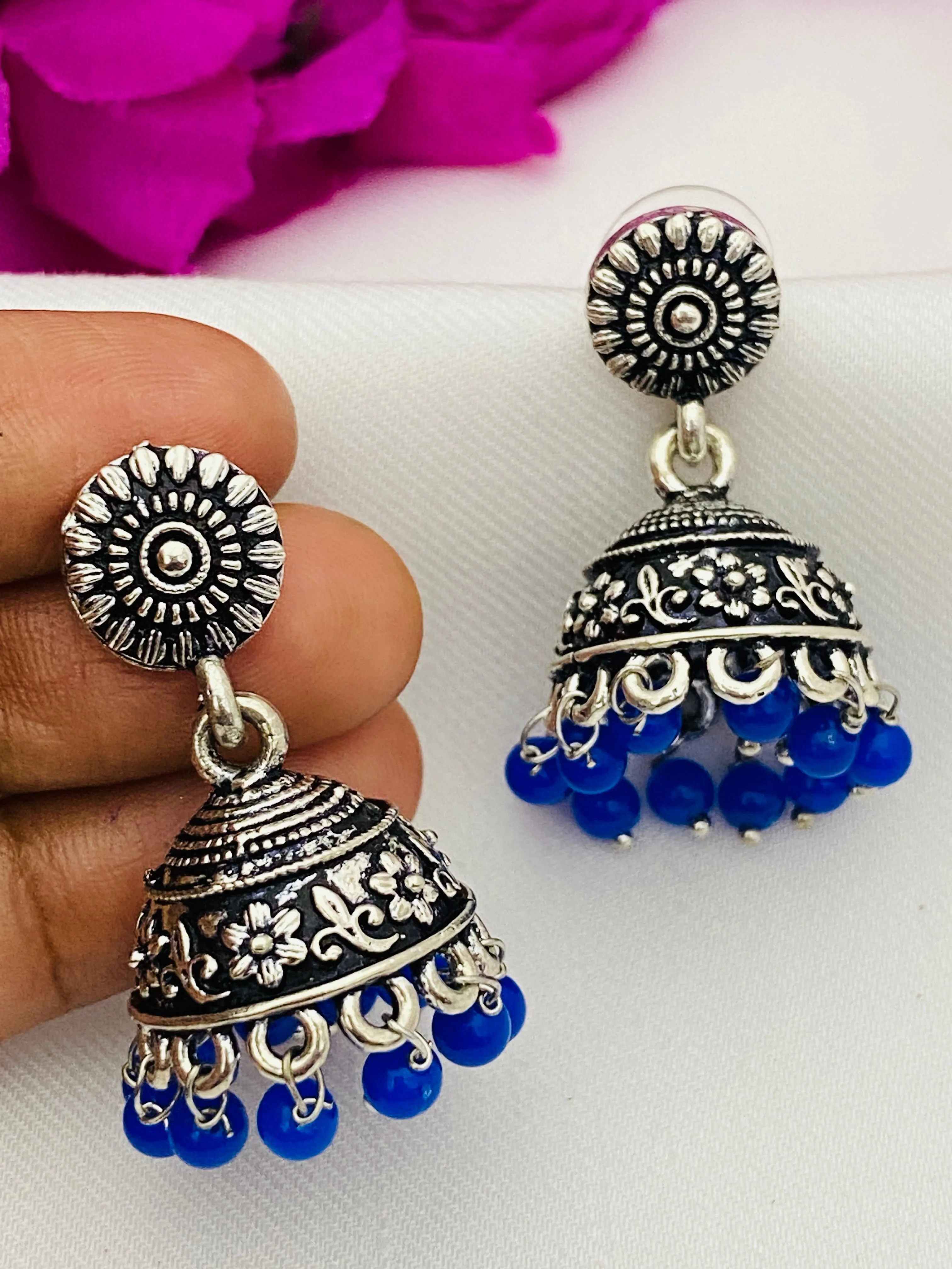 Traditional Oxidized Silver Plated Leaf Design Jhumka With Blue Color Pearl Beads