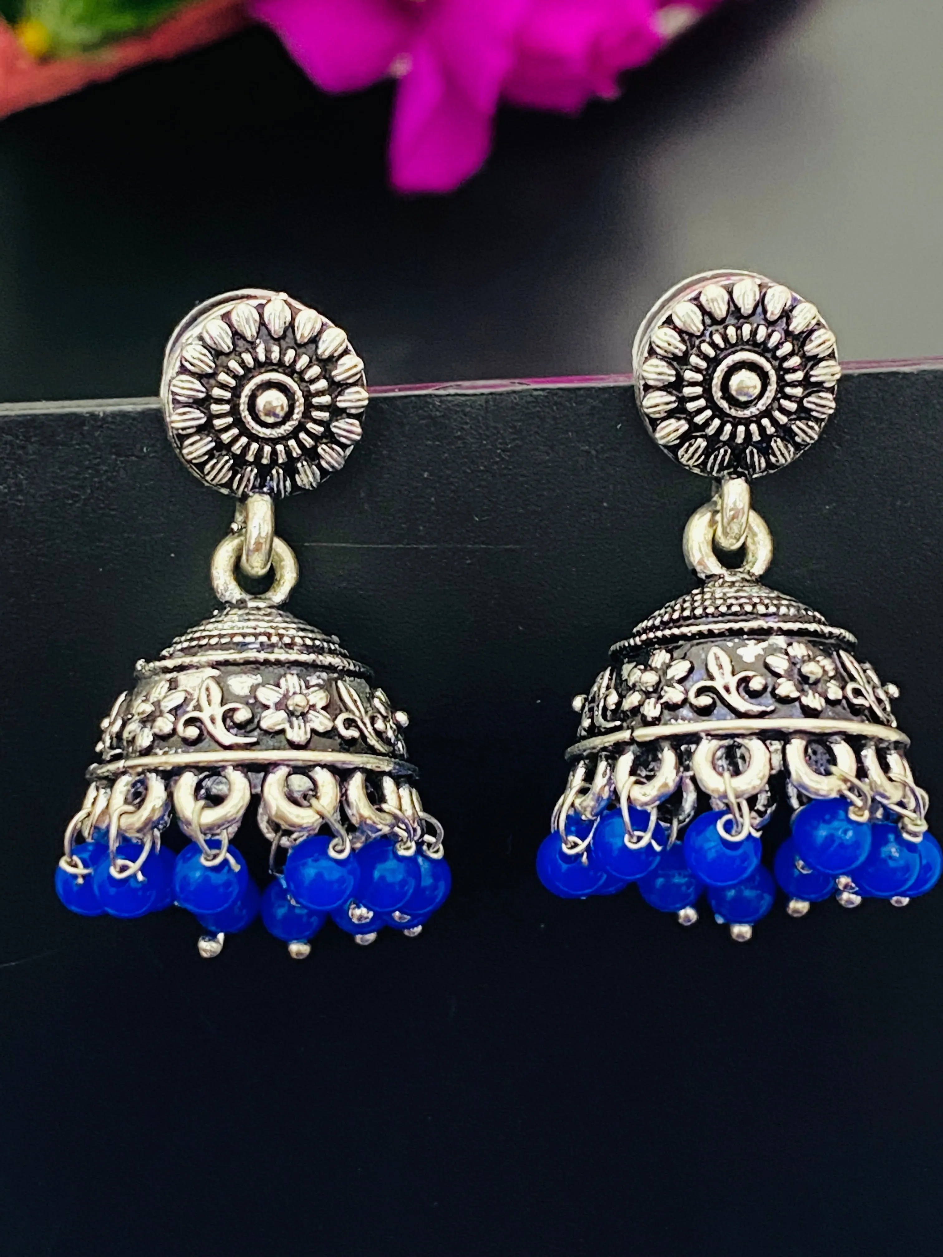 Traditional Oxidized Silver Plated Leaf Design Jhumka With Blue Color Pearl Beads