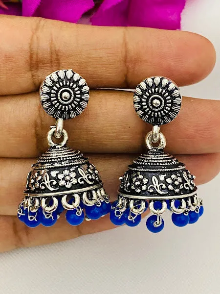 Traditional Oxidized Silver Plated Leaf Design Jhumka With Blue Color Pearl Beads