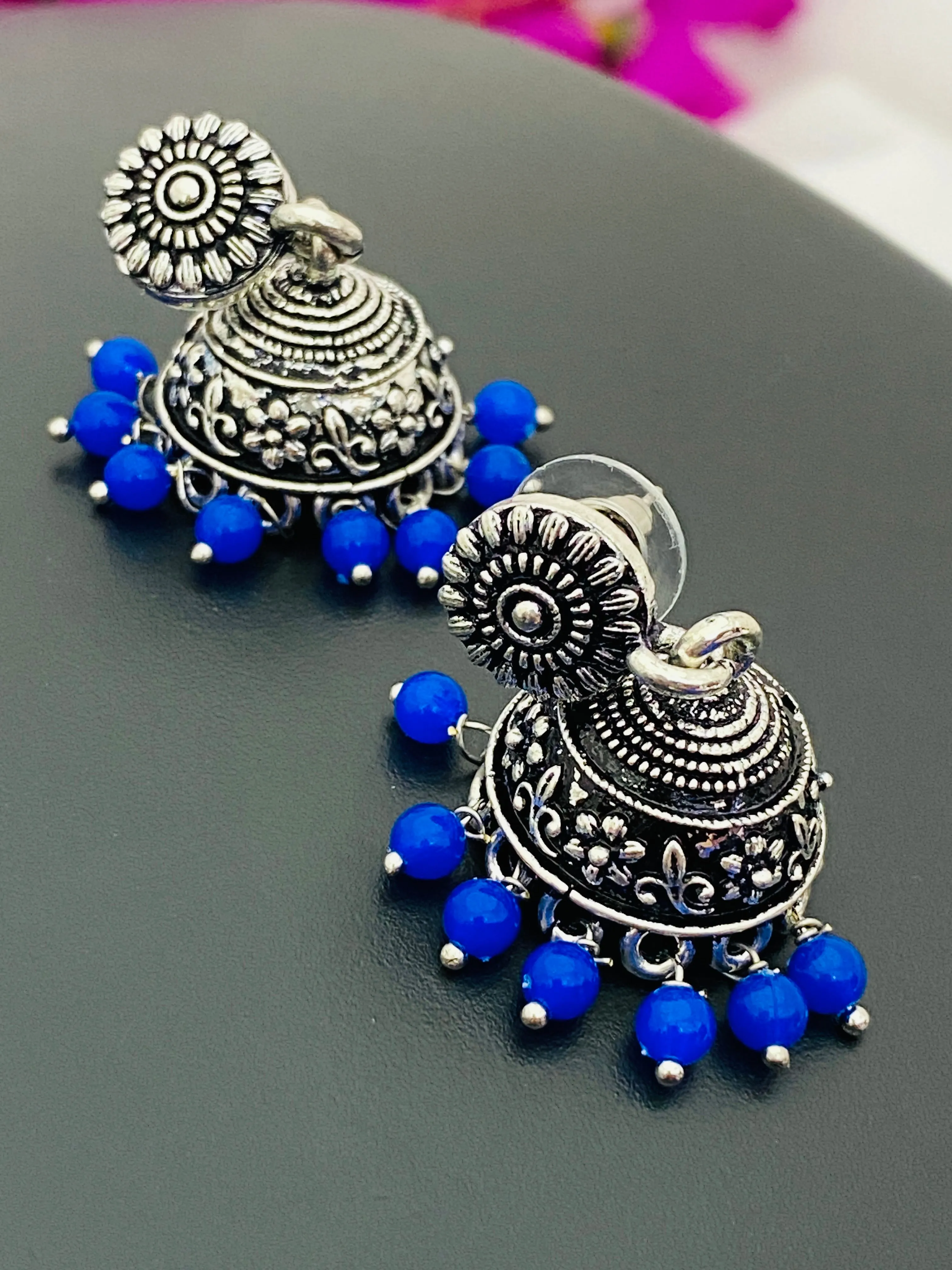 Traditional Oxidized Silver Plated Leaf Design Jhumka With Blue Color Pearl Beads