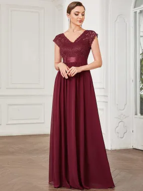 V-Neck Lace Empire Waist Short Sleeve Chiffon Evening Dress