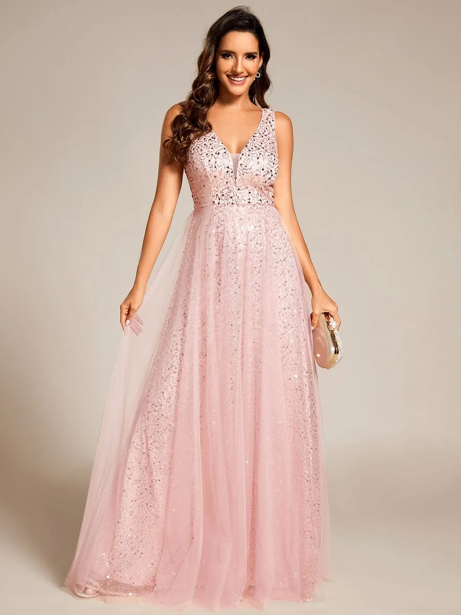 V-Neck Sleeveless High-Waist See-Through Sequin Tulle Evening Dress