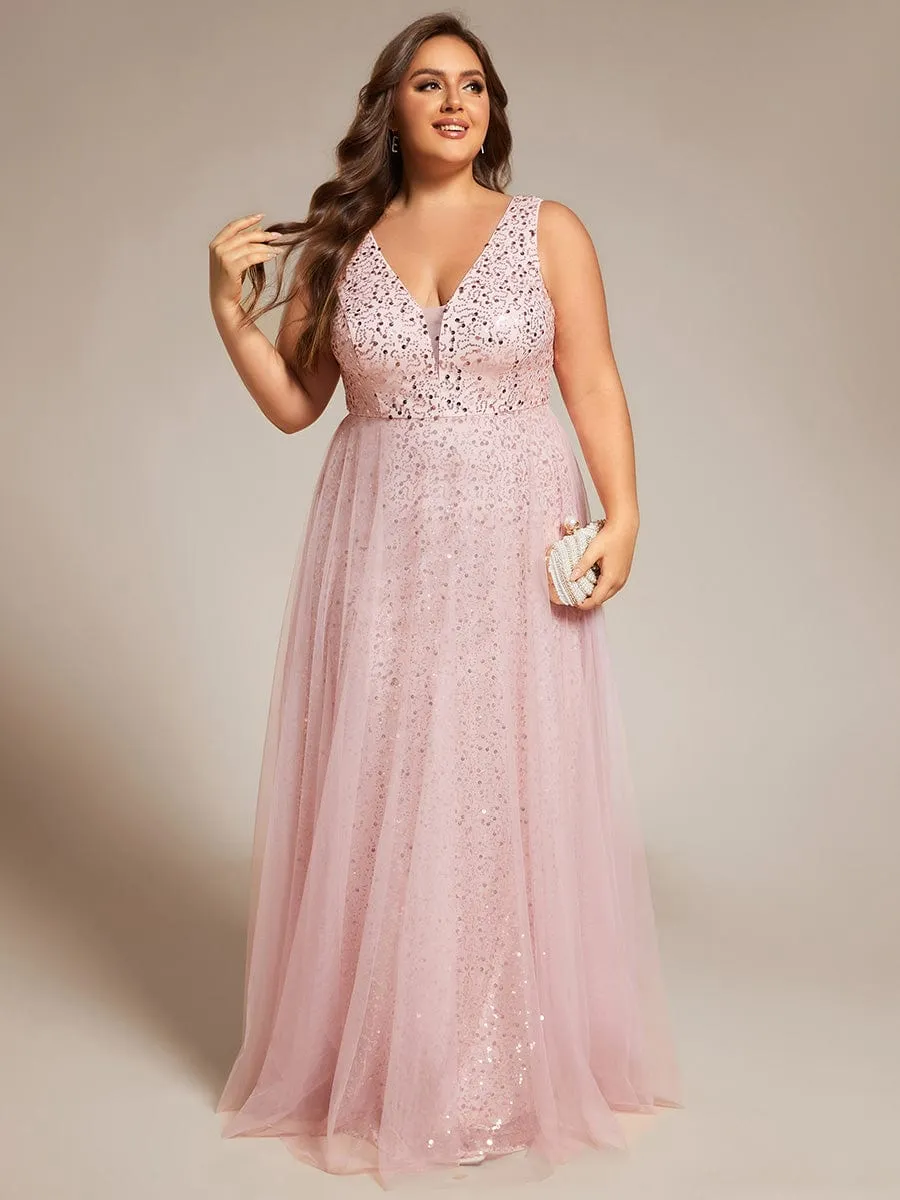 V-Neck Sleeveless High-Waist See-Through Sequin Tulle Evening Dress