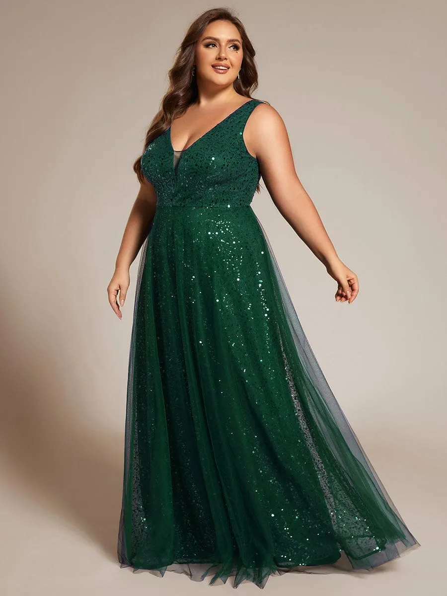 V-Neck Sleeveless High-Waist See-Through Sequin Tulle Evening Dress