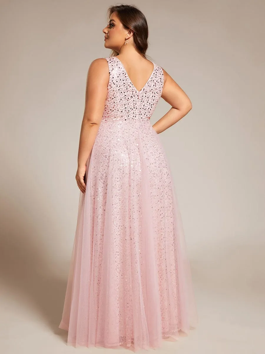 V-Neck Sleeveless High-Waist See-Through Sequin Tulle Evening Dress