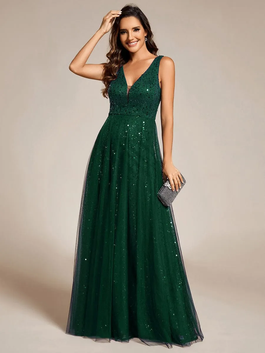 V-Neck Sleeveless High-Waist See-Through Sequin Tulle Evening Dress