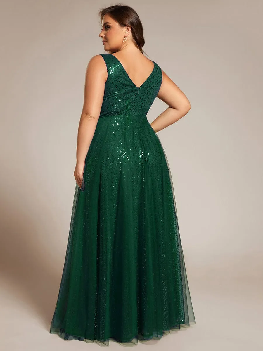 V-Neck Sleeveless High-Waist See-Through Sequin Tulle Evening Dress