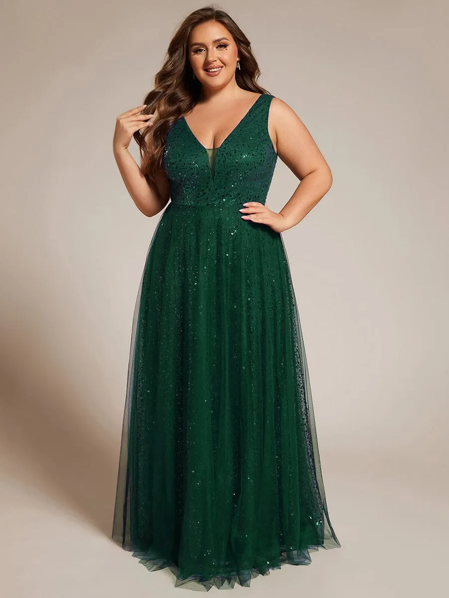 V-Neck Sleeveless High-Waist See-Through Sequin Tulle Evening Dress