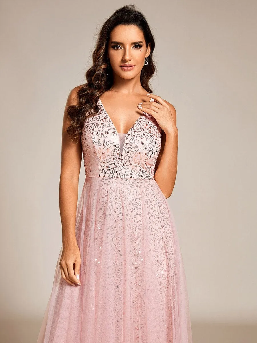 V-Neck Sleeveless High-Waist See-Through Sequin Tulle Evening Dress