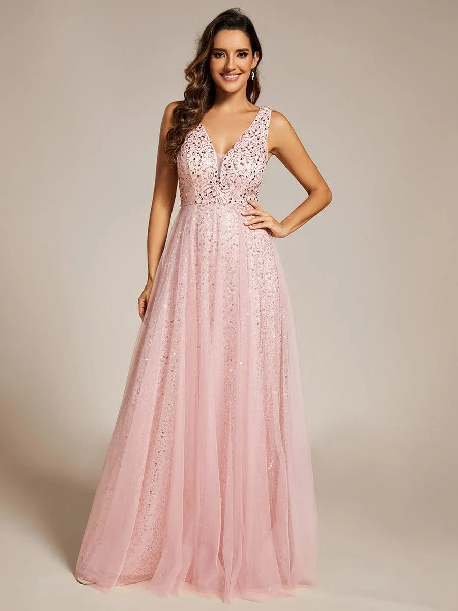 V-Neck Sleeveless High-Waist See-Through Sequin Tulle Evening Dress