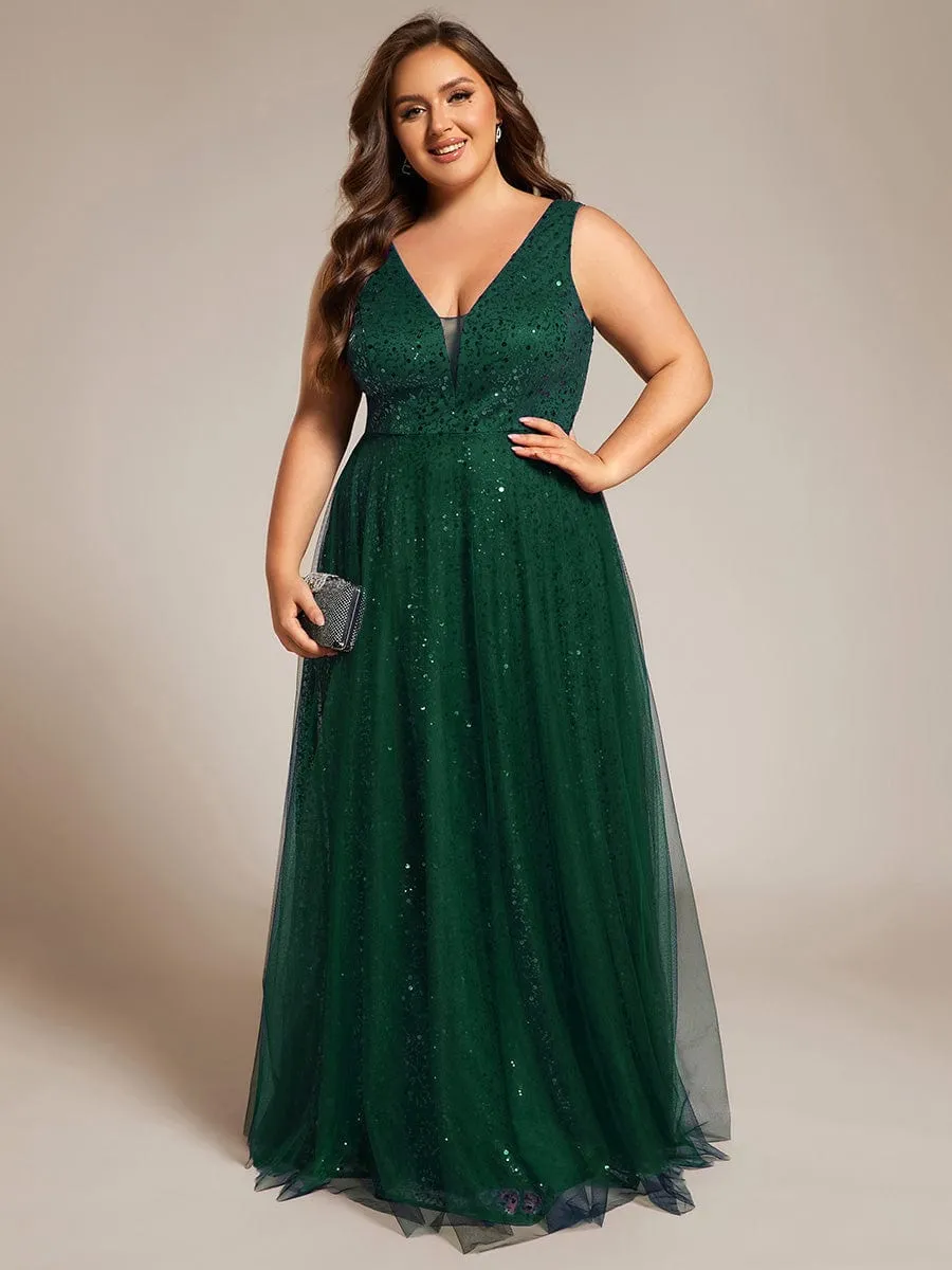 V-Neck Sleeveless High-Waist See-Through Sequin Tulle Evening Dress