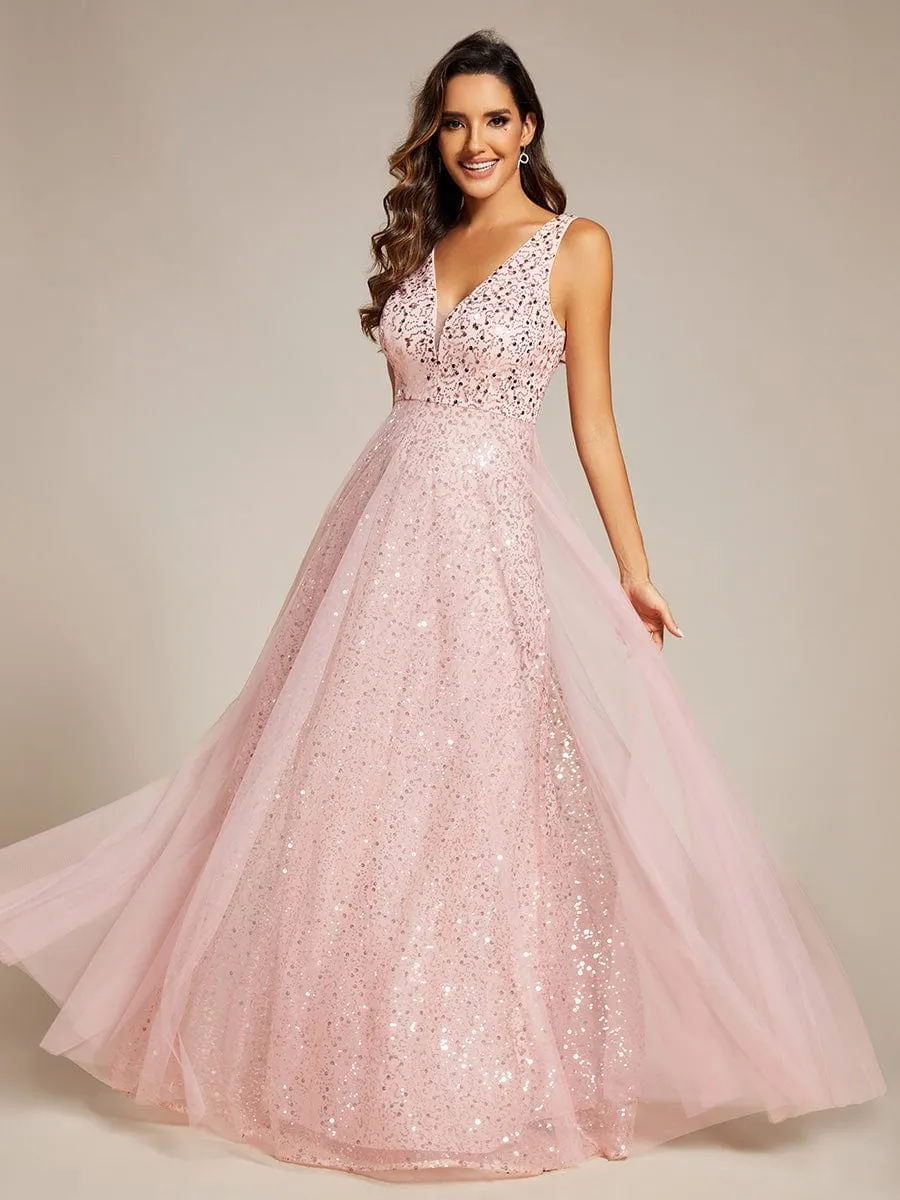 V-Neck Sleeveless High-Waist See-Through Sequin Tulle Evening Dress