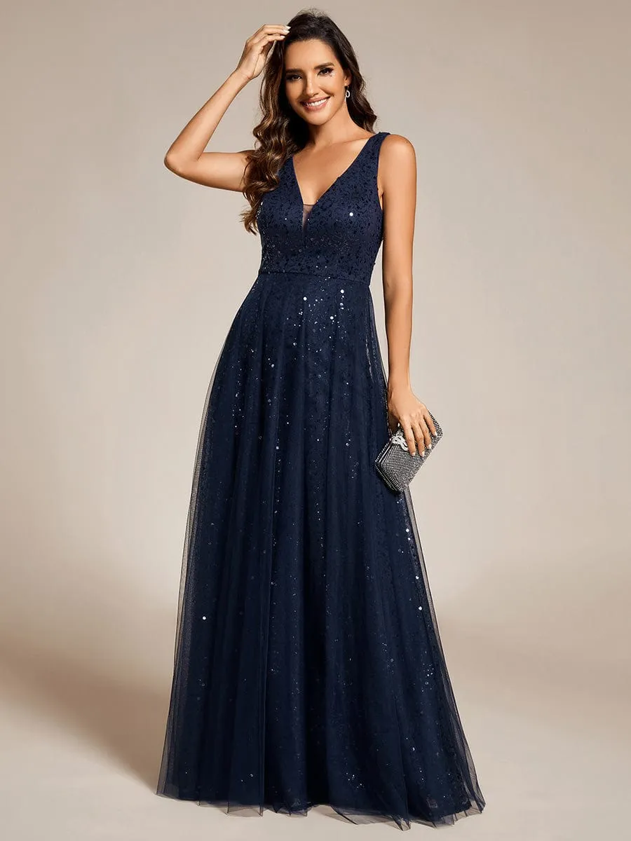 V-Neck Sleeveless High-Waist See-Through Sequin Tulle Evening Dress