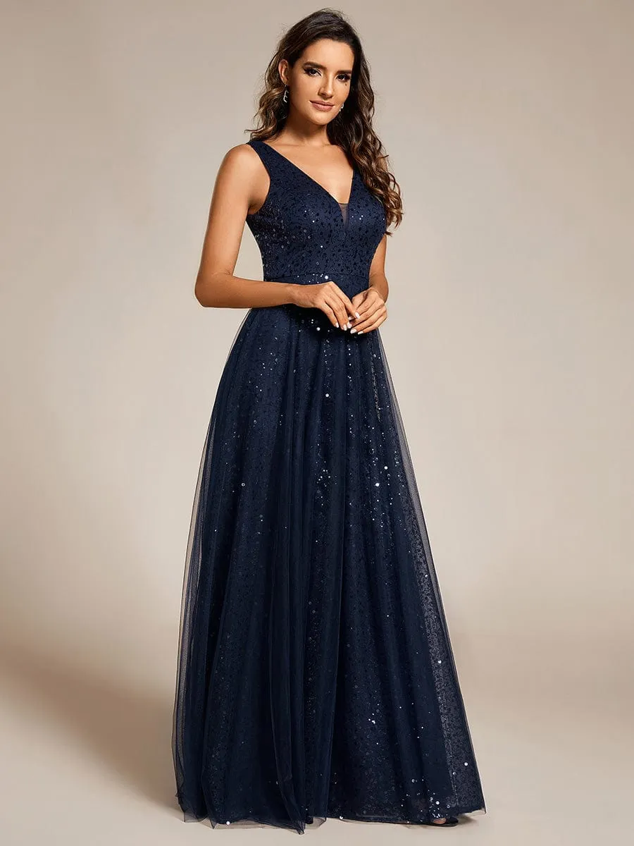 V-Neck Sleeveless High-Waist See-Through Sequin Tulle Evening Dress