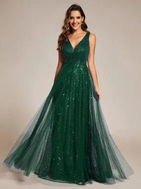 V-Neck Sleeveless High-Waist See-Through Sequin Tulle Evening Dress