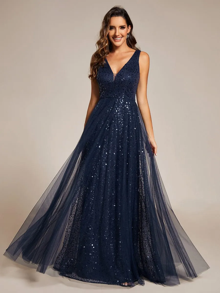 V-Neck Sleeveless High-Waist See-Through Sequin Tulle Evening Dress