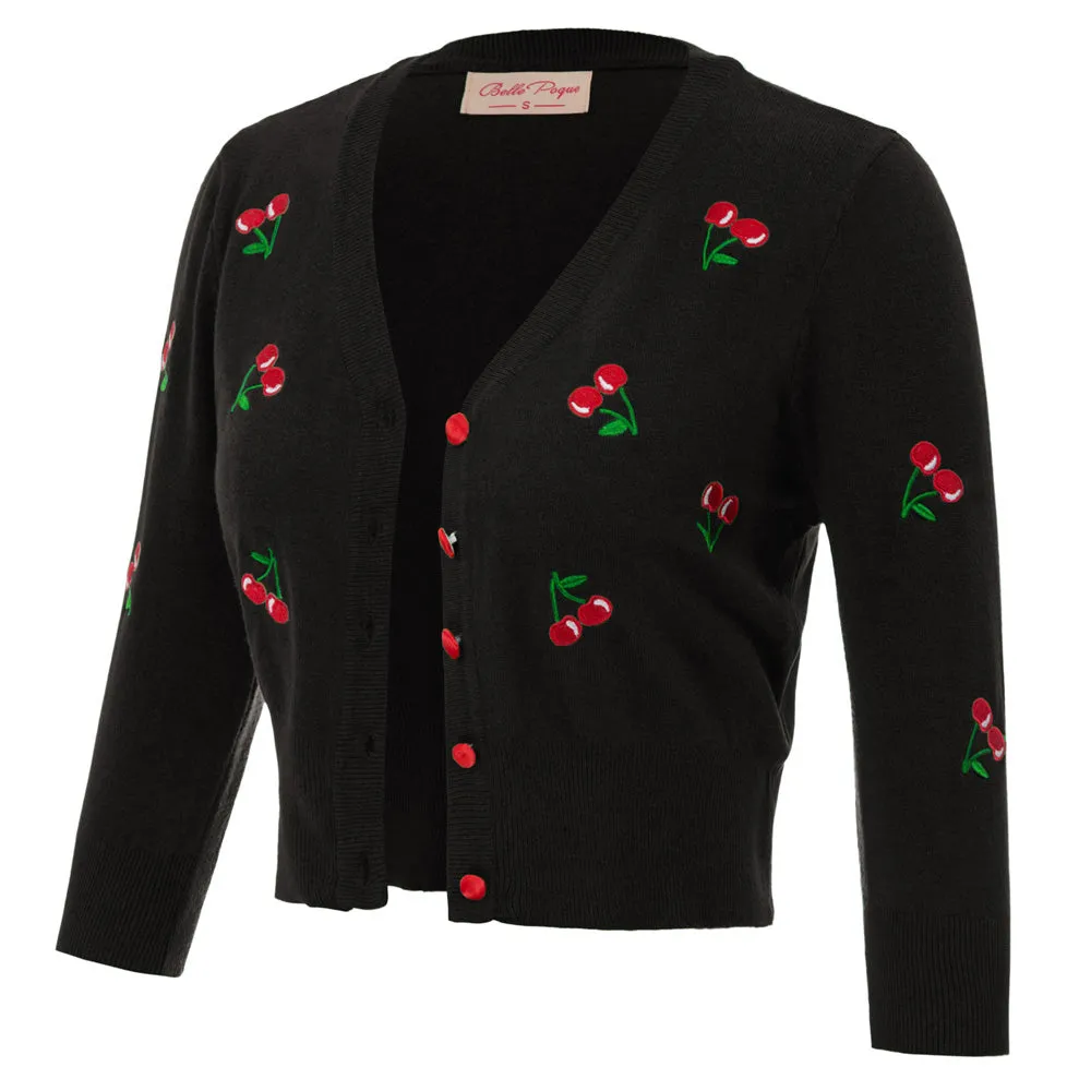 Vintage Fans Look of Cherries Embroidery 3/4 Sleeve V-Neck Cropped Knitting Cardigan