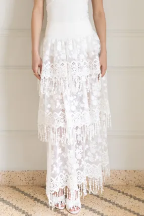 White Lace Fringe Maxi Skirt