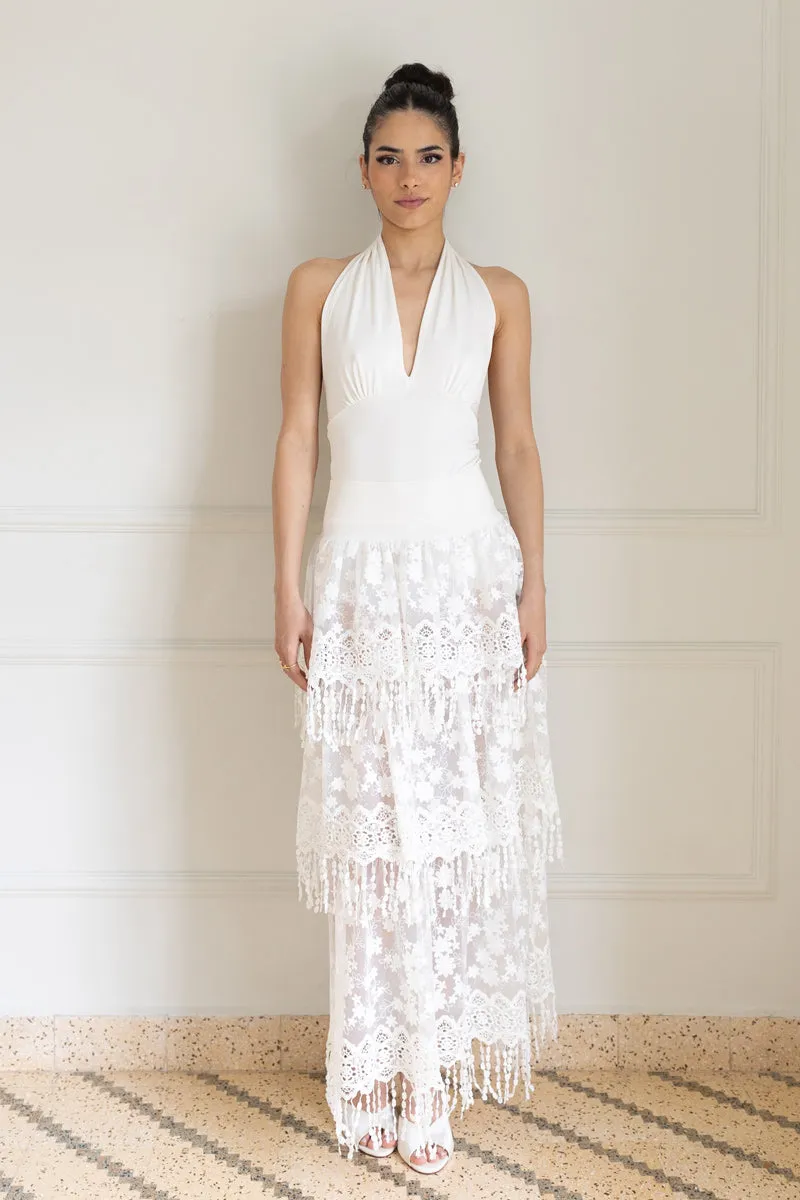 White Lace Fringe Maxi Skirt