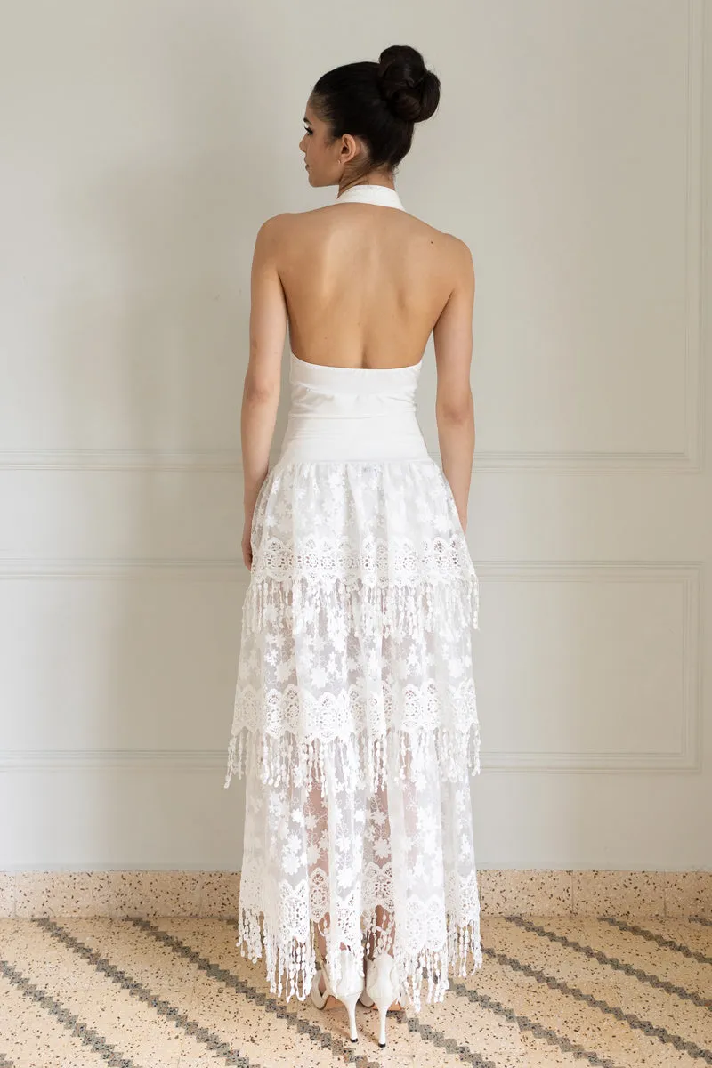 White Lace Fringe Maxi Skirt