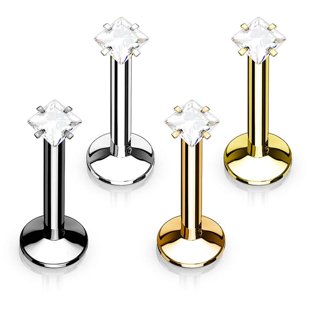 WILDKLASS 4 Pcs Value Pack Internally Threaded Square Prong Top Gem Labret Monroe Titanium IP Over 316L Surgical Steel