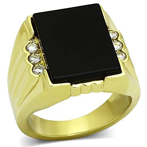 WildKlass Stainless Steel Onyx Ring IP Gold Men Synthetic Jet