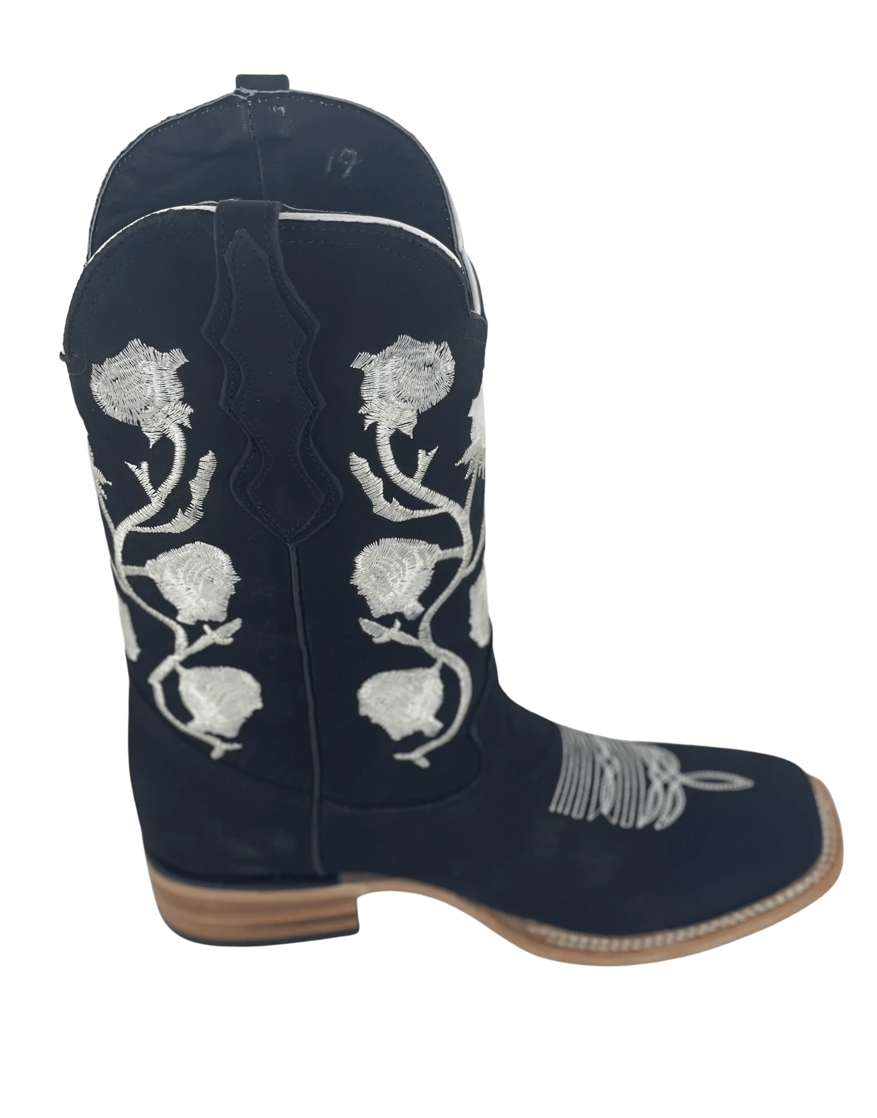 Women’s Black Nobuck with White Flowers Square Toe Rodeo Boot