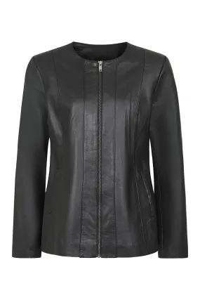 Women's Classic Black Real Leather Jacket No Collar - 'DEBORAH NC'