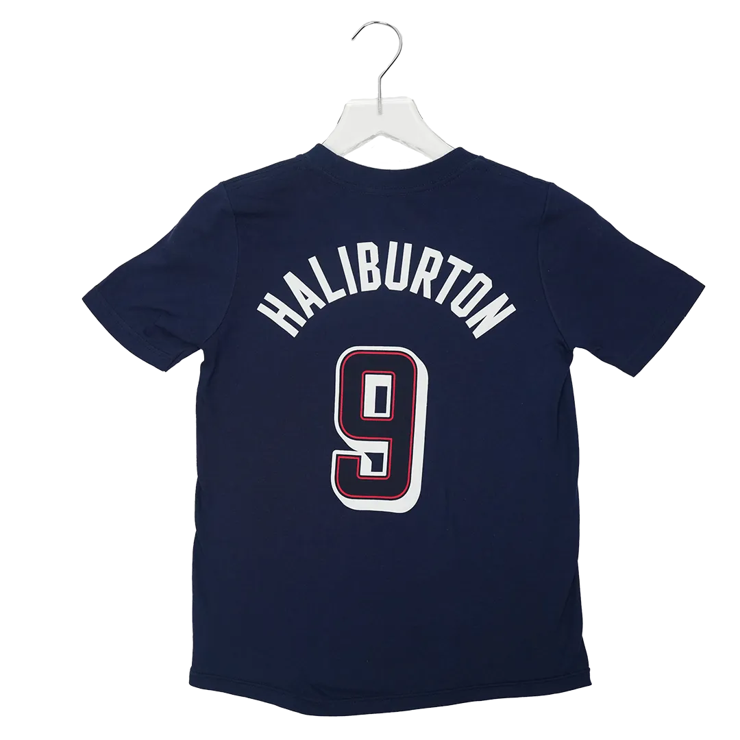 Youth 2024 Olympics Team USA #9 Tyrese Haliburton USA Basketball Name and Number T-shirt in Navy by Nike